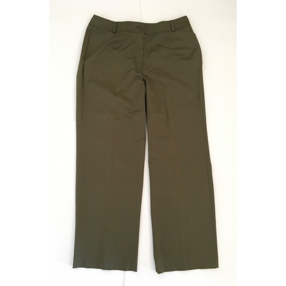Talbots Womens 12W Olive Green Stretch Wide Leg Pants Cotton Blend Satin Finish